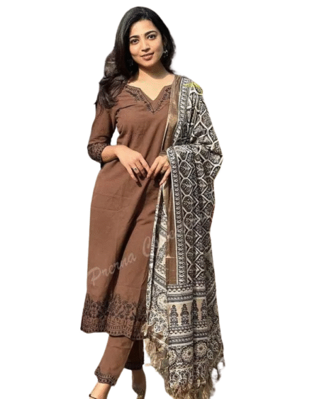 Printed Cotton Straight Kurta Set with Dupatta for Women(L)