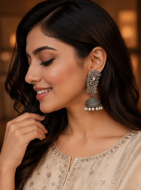 Antique Oxidised Peacock Jhumka Earrings with Pearl Drops