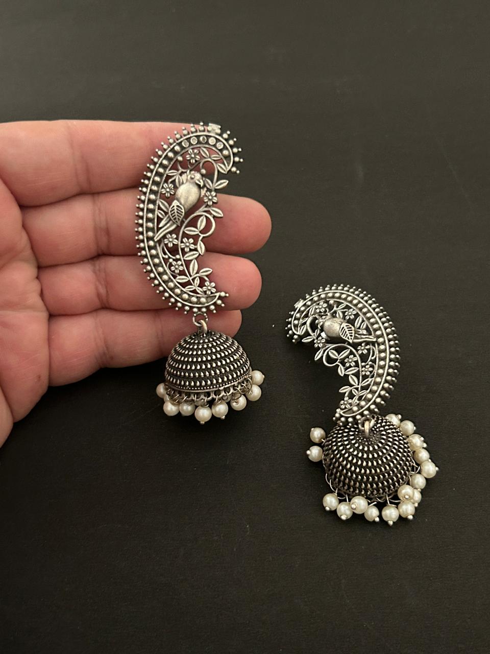 Oxidised earrings, peacock jhumka, silver jhumka earrings, pearl jhumka, ethnic earrings, traditional jewellery, oxidised jewellery, festive earrings, women jewellery, statement earrings.
